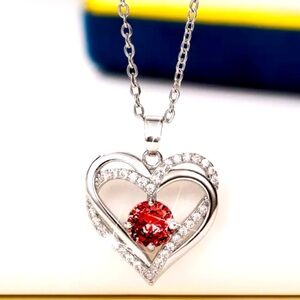 Gorgeous 925 Silver White Sapphires  Ruby Heart Necklace